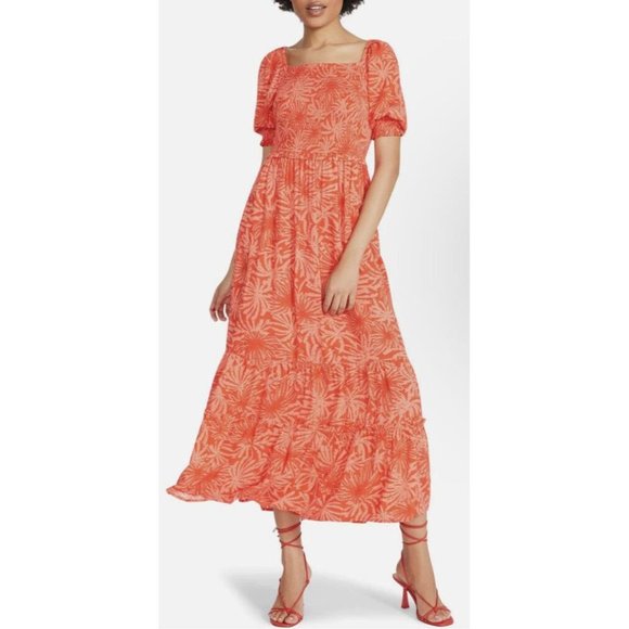 Betsey Johnson Orange Red Palms of Paradise Smocked Maxi Dress Size M Ruffle - Picture 2 of 8